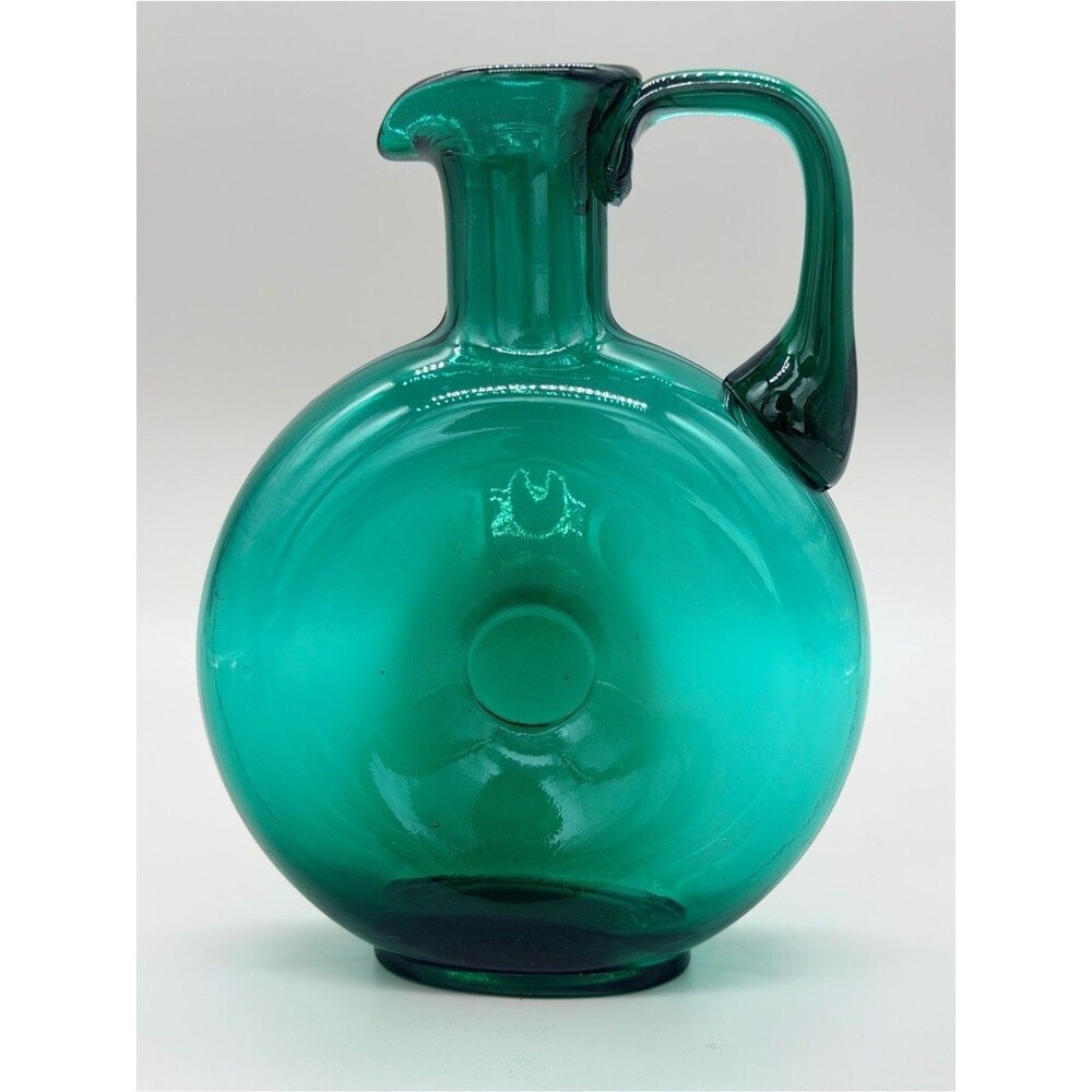 Vtg Mid-Century Modern Teal Green Glass Donut Decanter O-Ring Wine Carafe 6.5"